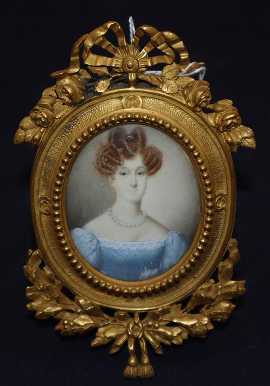 Victorian School, oil on ivory, Miniature portrait of a lady in blue dress in ornate ormolu frame 6 x 4.5cm